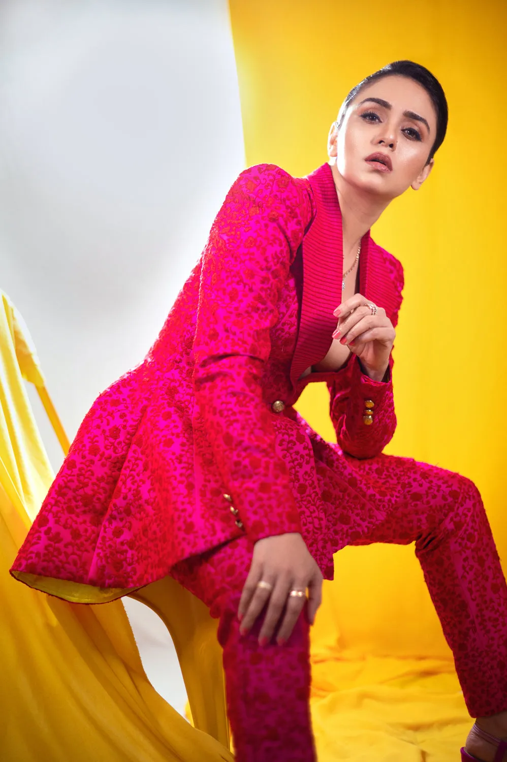 Pink Peplum Embroidered Blazer Set