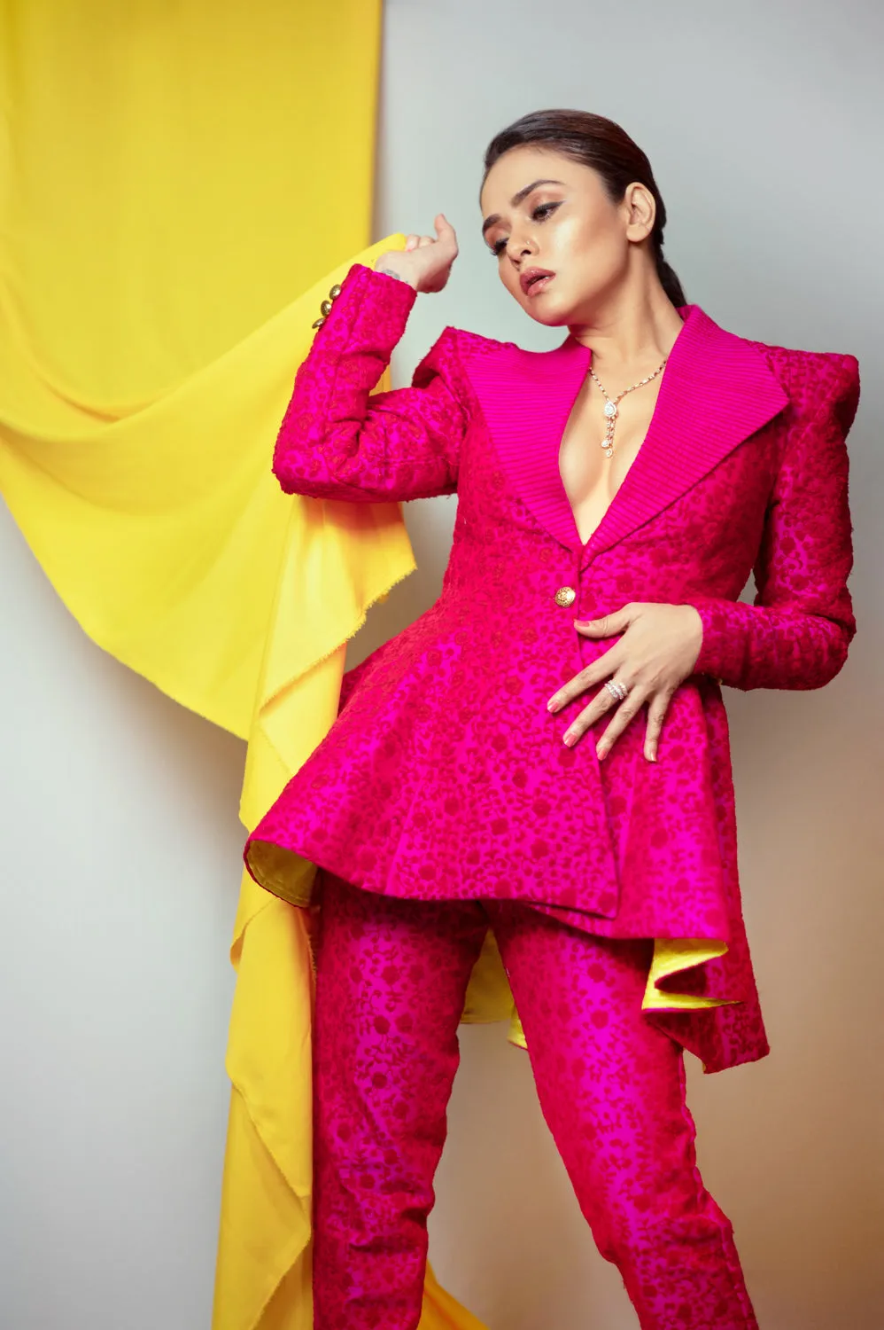 Pink Peplum Embroidered Blazer Set