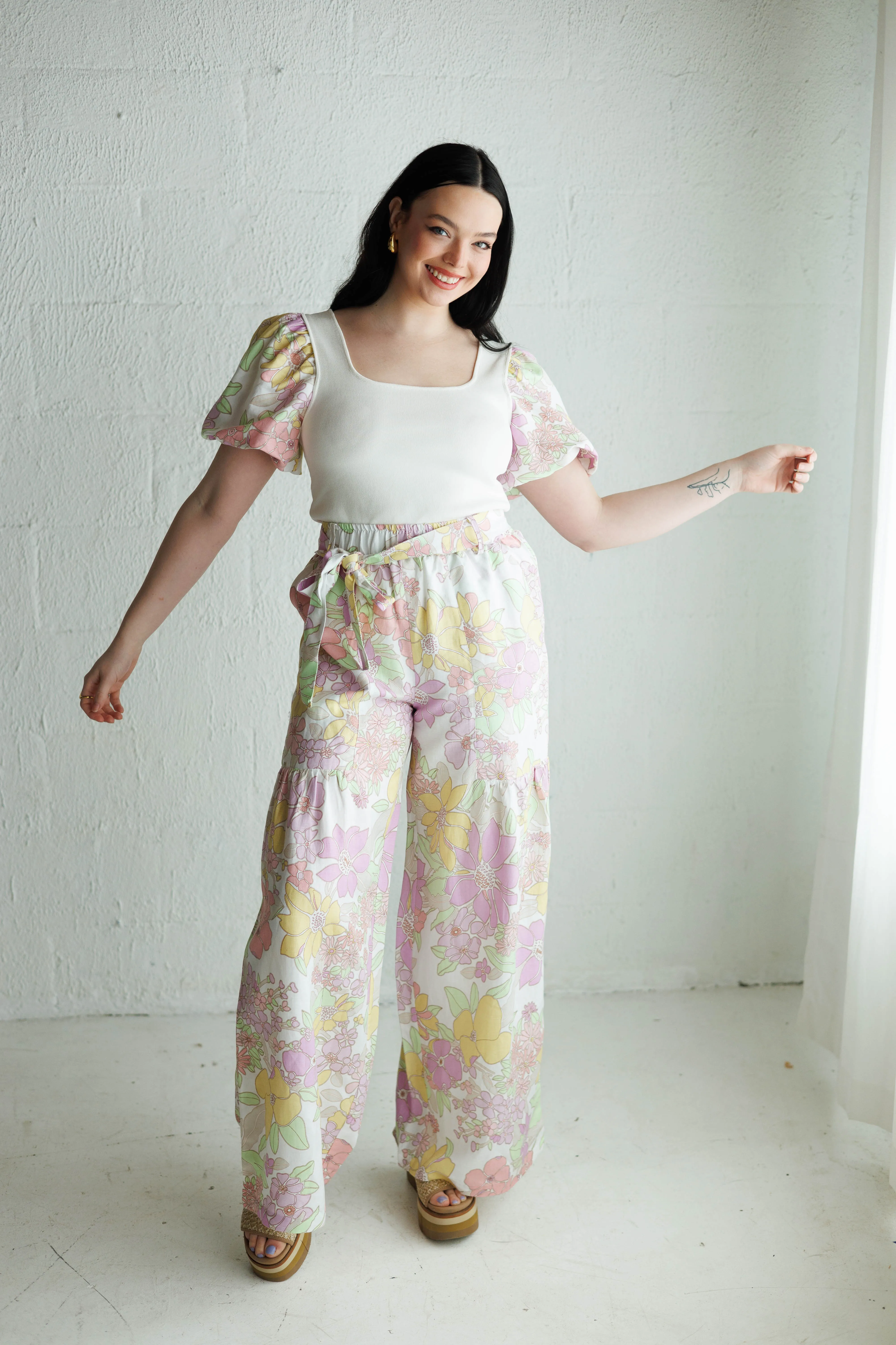 Puff Sleeve Floral Contrast Top