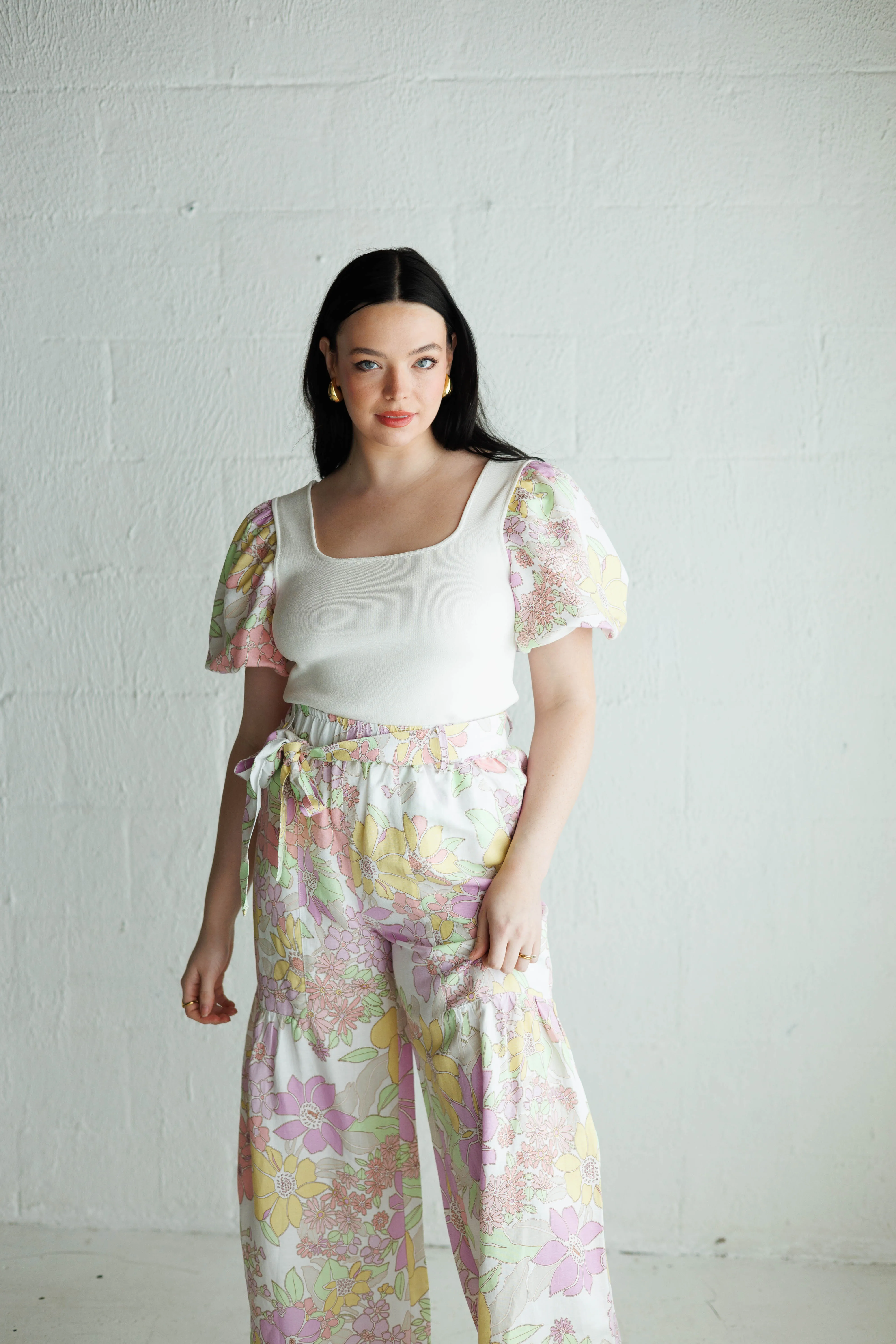Puff Sleeve Floral Contrast Top