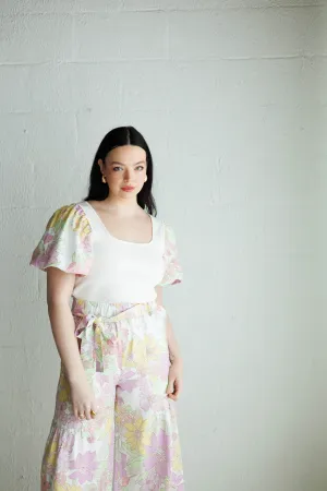Puff Sleeve Floral Contrast Top