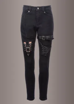 Punk Rave Black Denim Lace Up Jeans with Buckles