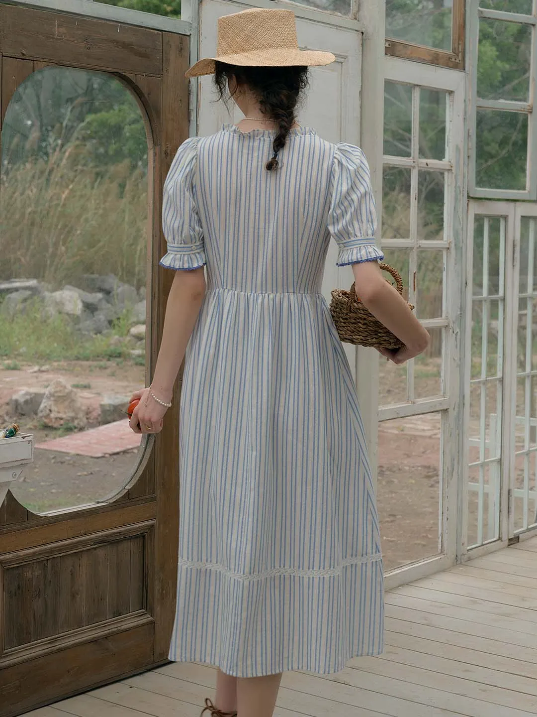 Raelyn Trim Bow Round Neck Puff Sleeve Lace Striped Cotton Dress