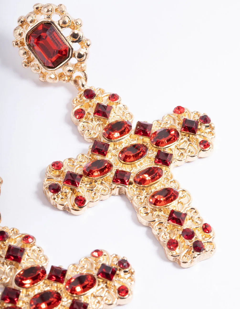 Red Diamante Stone Cross Drop Earrings