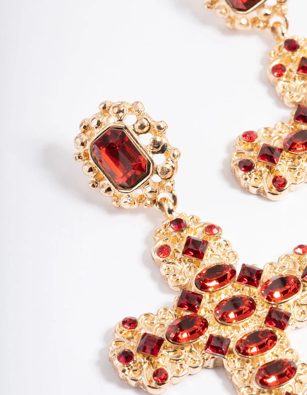 Red Diamante Stone Cross Drop Earrings