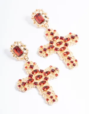 Red Diamante Stone Cross Drop Earrings
