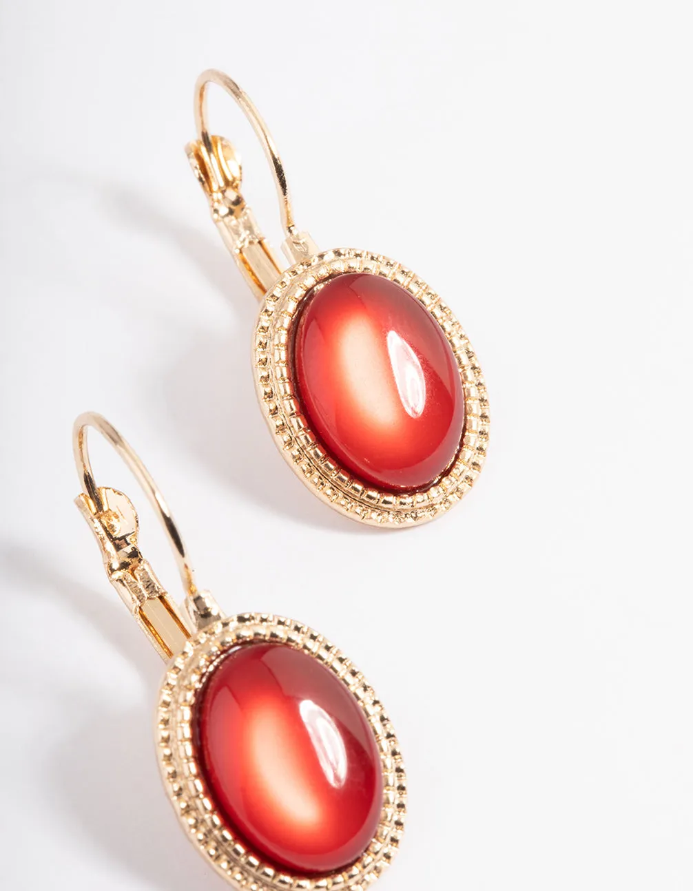 Red Oval Stone Huggie Earrings