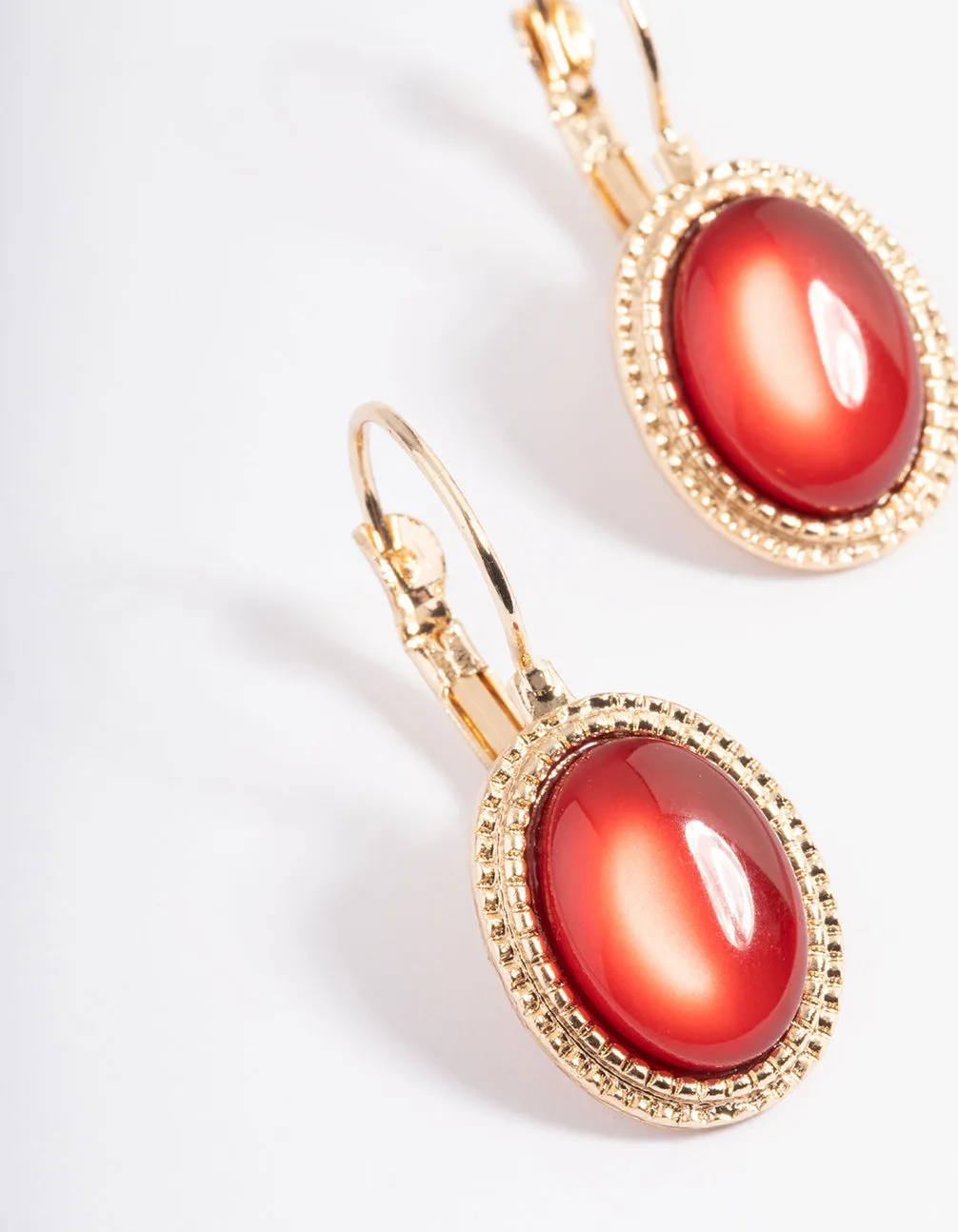 Red Oval Stone Huggie Earrings