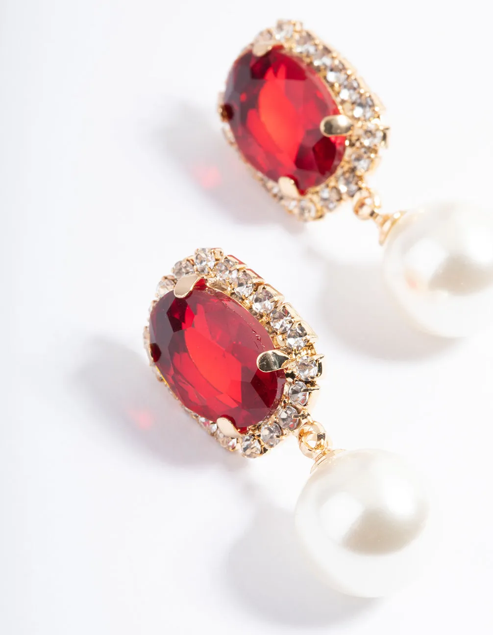 Red Oval Stone Pearly Stud Earrings