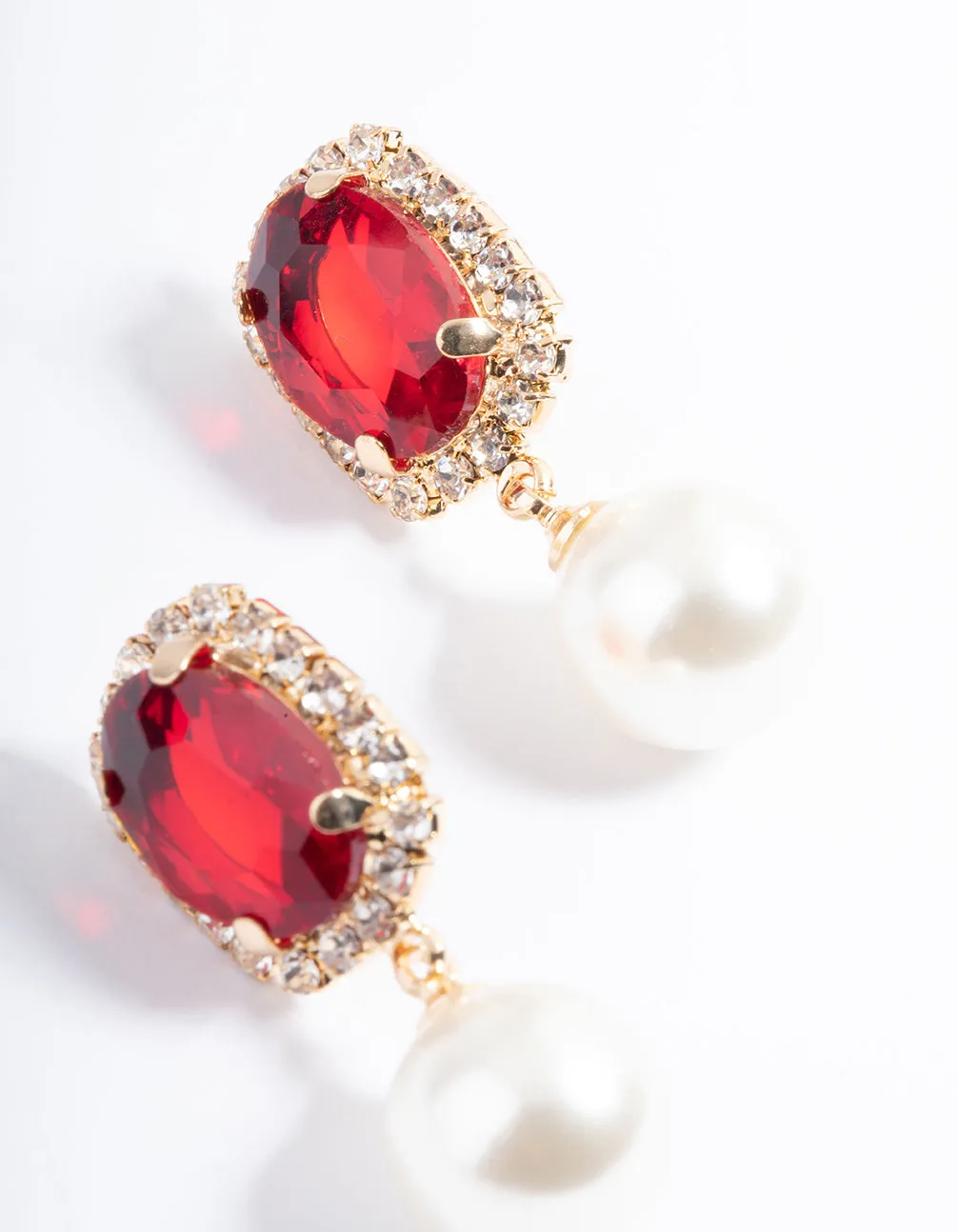 Red Oval Stone Pearly Stud Earrings