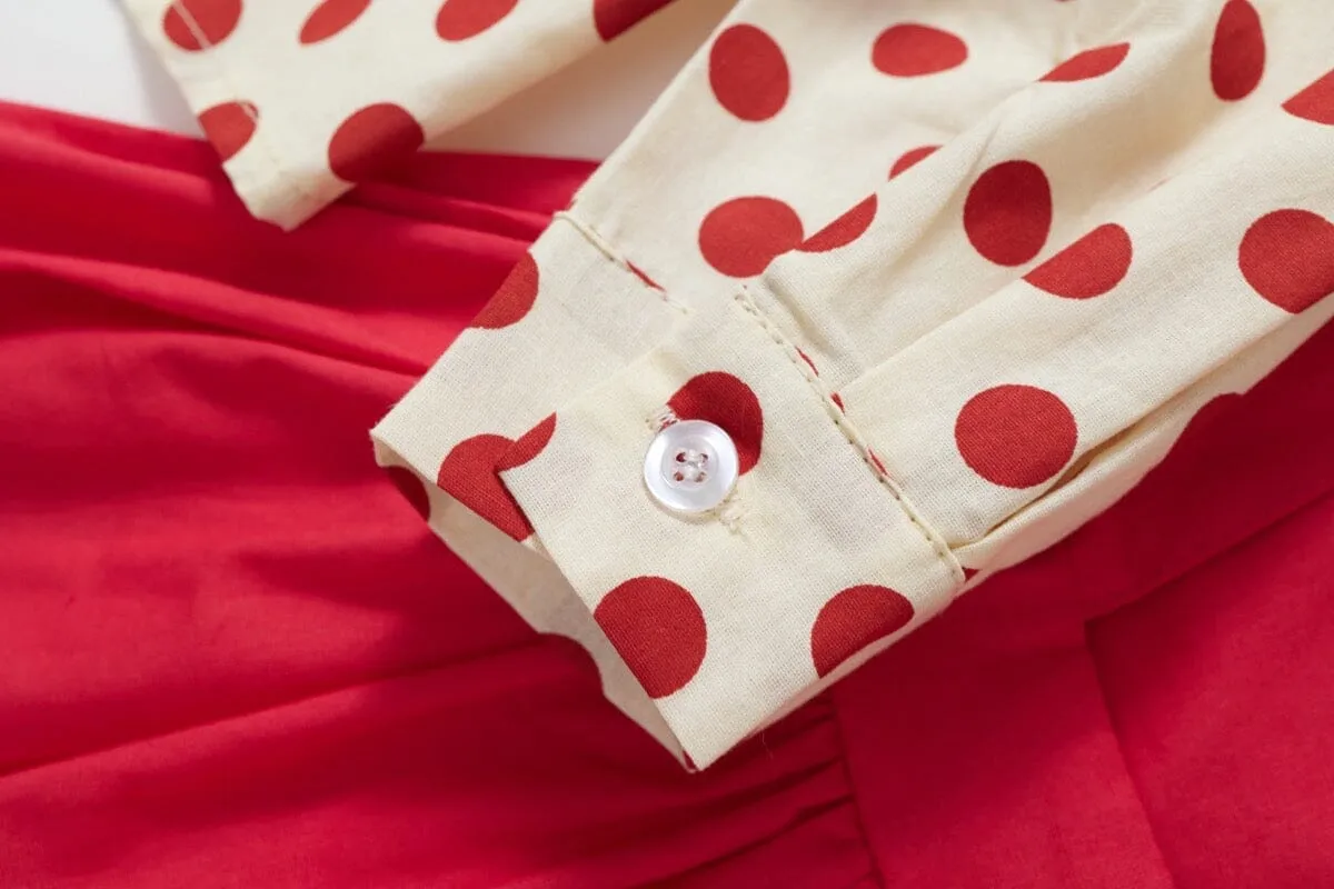 Red Polka Dot Shirt Dress Two-Piece Set
