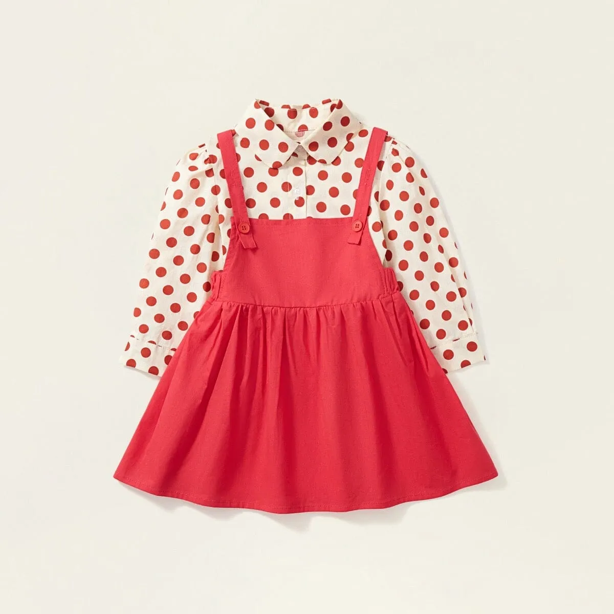 Red Polka Dot Shirt Dress Two-Piece Set