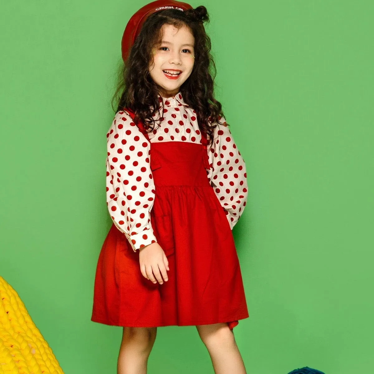 Red Polka Dot Shirt Dress Two-Piece Set