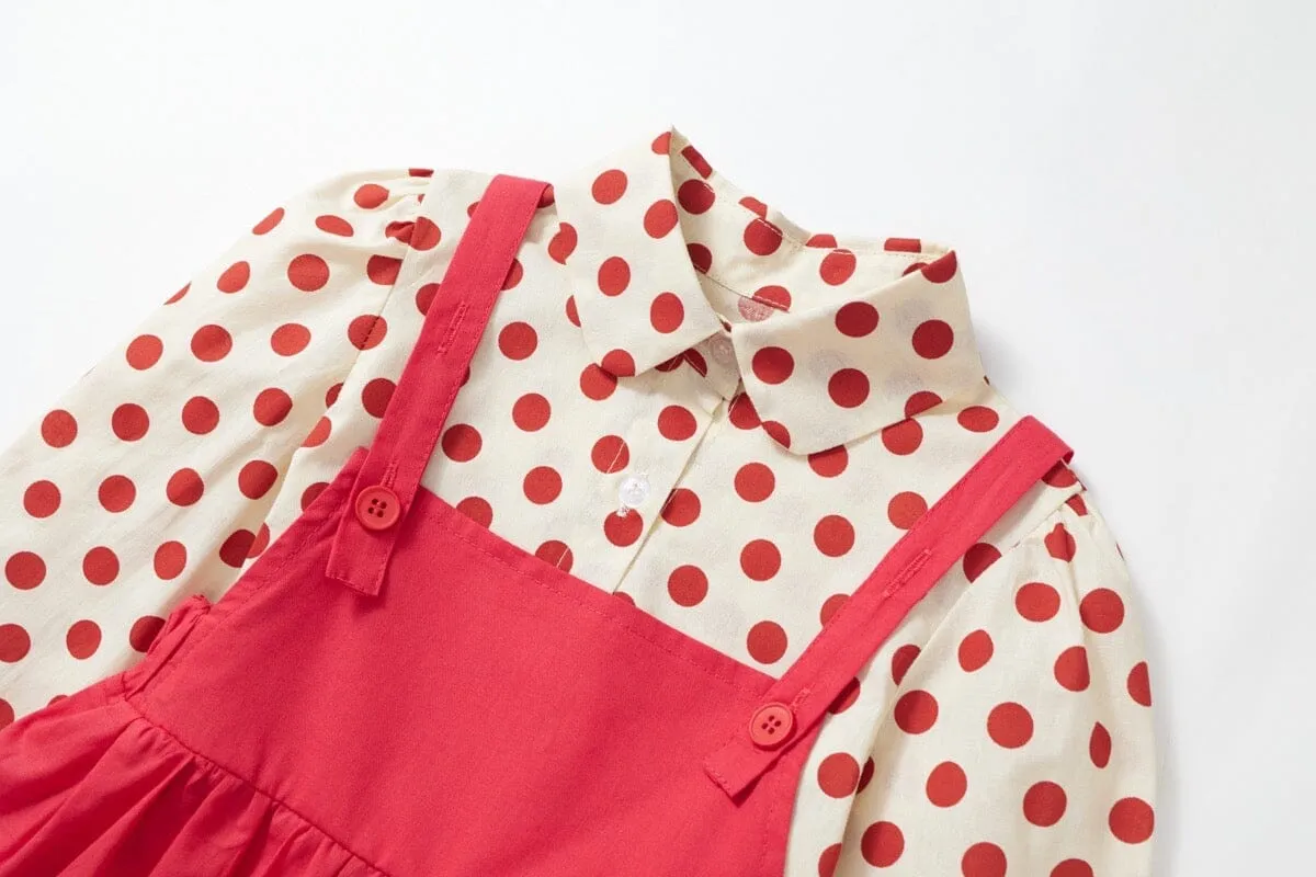 Red Polka Dot Shirt Dress Two-Piece Set