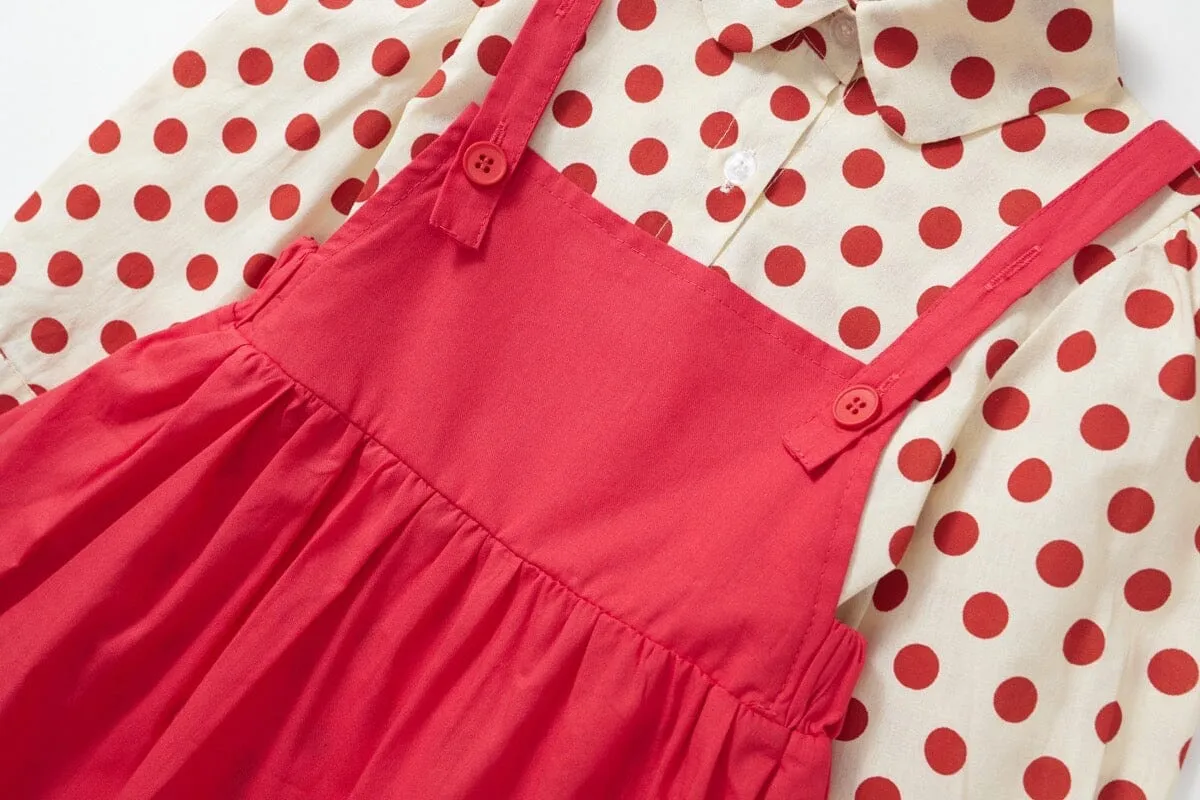 Red Polka Dot Shirt Dress Two-Piece Set