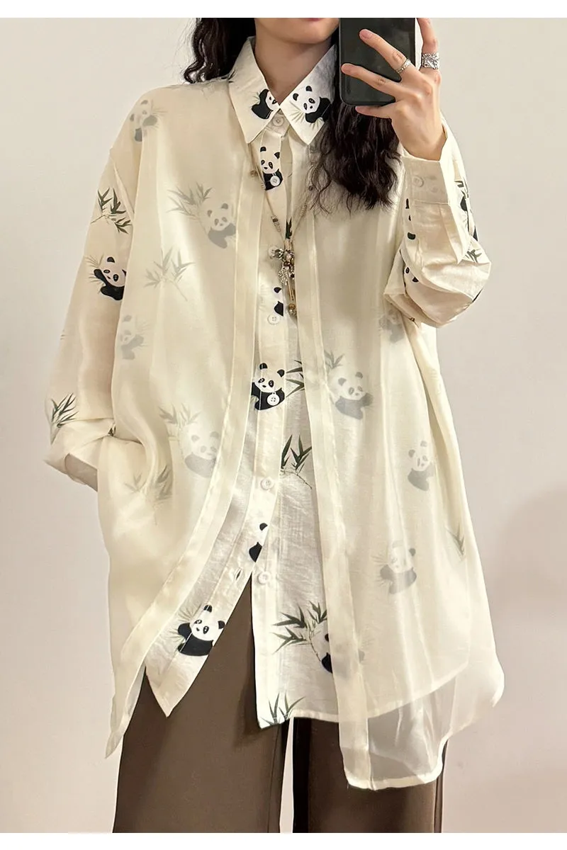 Retro National Style Chinese Panda Bamboo Print Stitching Tulle Long Sleeve Shirt