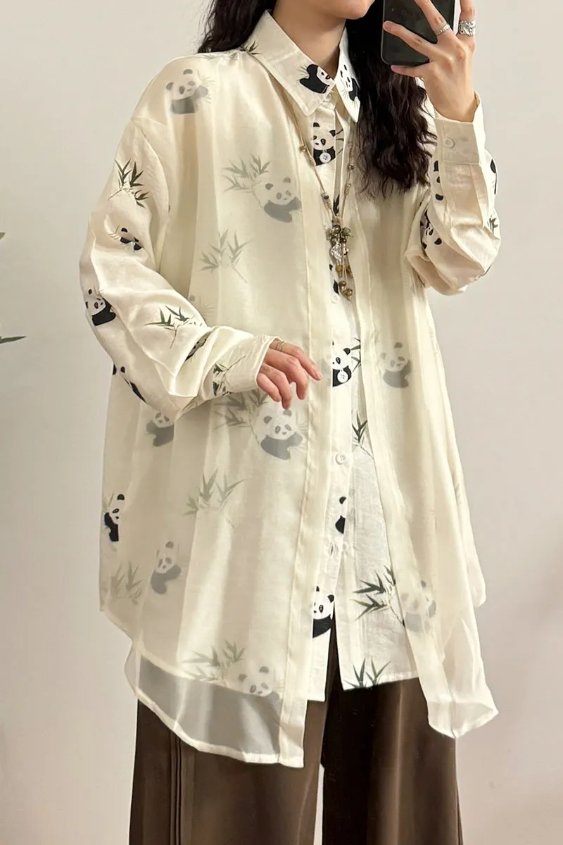 Retro National Style Chinese Panda Bamboo Print Stitching Tulle Long Sleeve Shirt