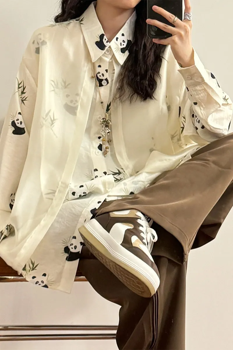 Retro National Style Chinese Panda Bamboo Print Stitching Tulle Long Sleeve Shirt