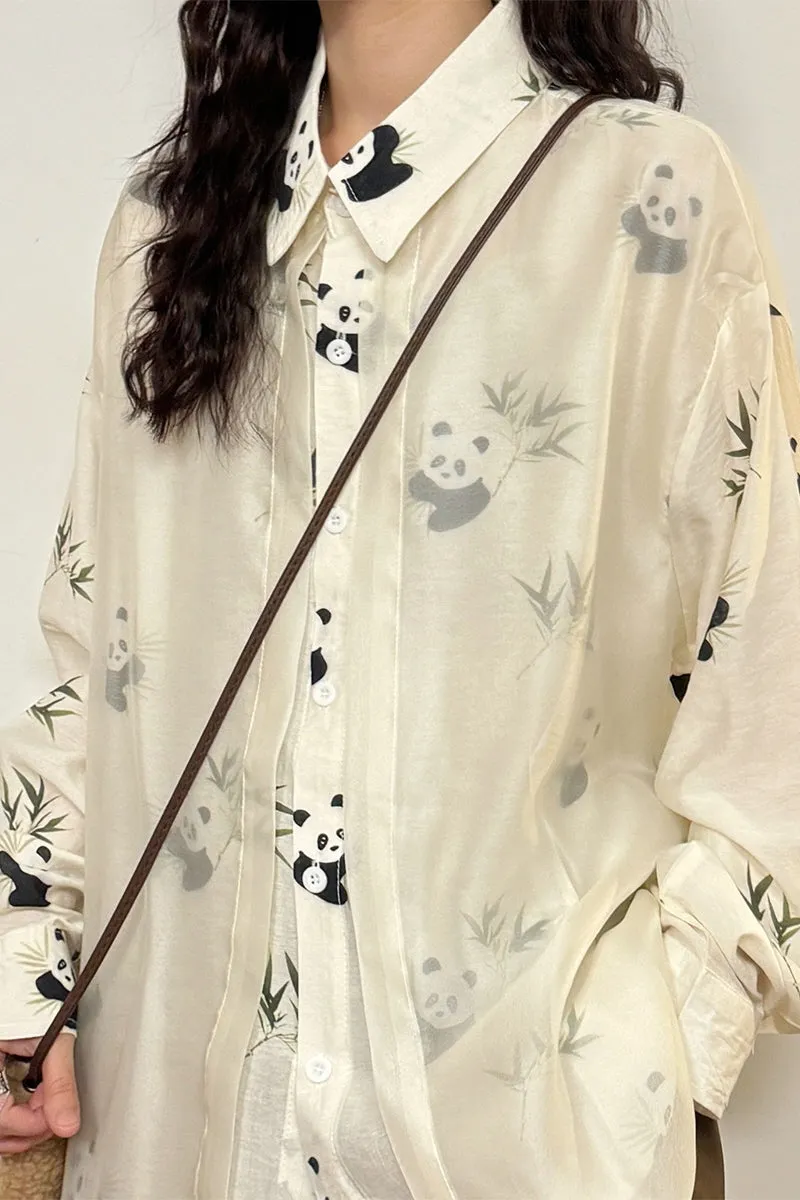 Retro National Style Chinese Panda Bamboo Print Stitching Tulle Long Sleeve Shirt