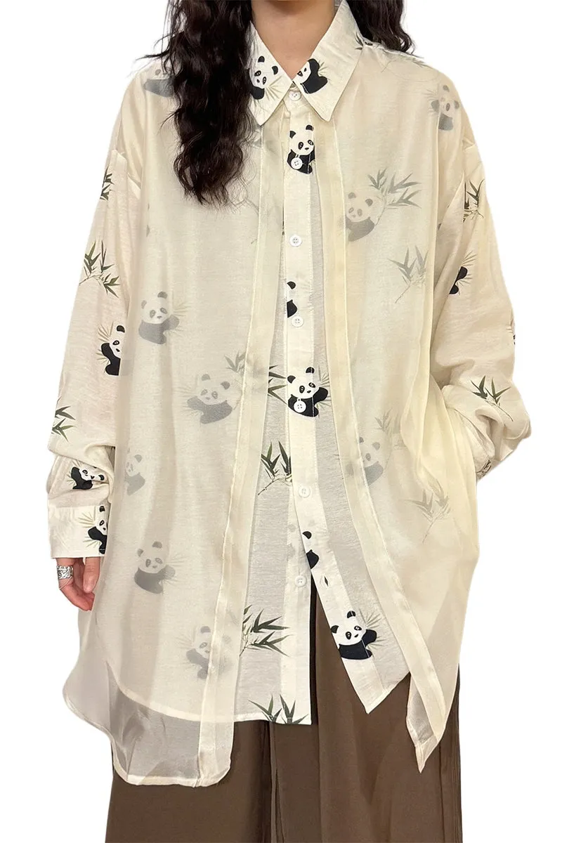 Retro National Style Chinese Panda Bamboo Print Stitching Tulle Long Sleeve Shirt