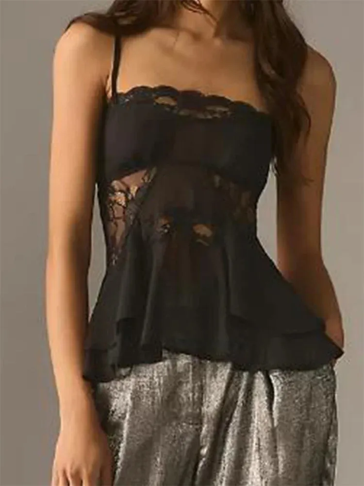Retro Slim Lace Mesh Spaghetti Strap Cropped Cami Top for Party Clubwear