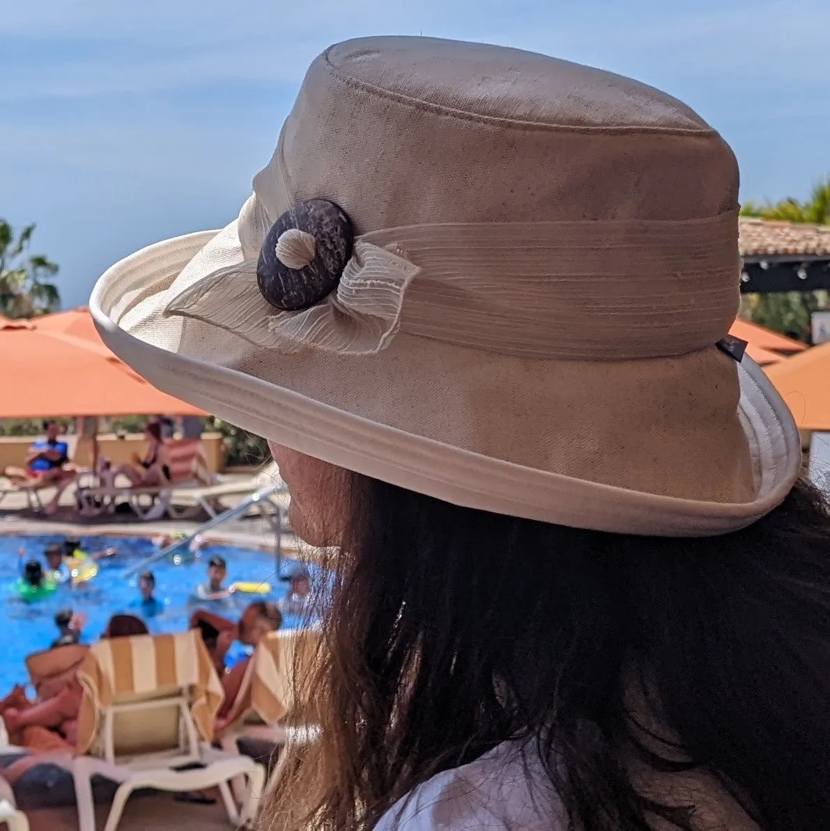 Stylish Extra wide brim sunblocker in cotton/flax and winter white canvas with shell buckle and textured scarf