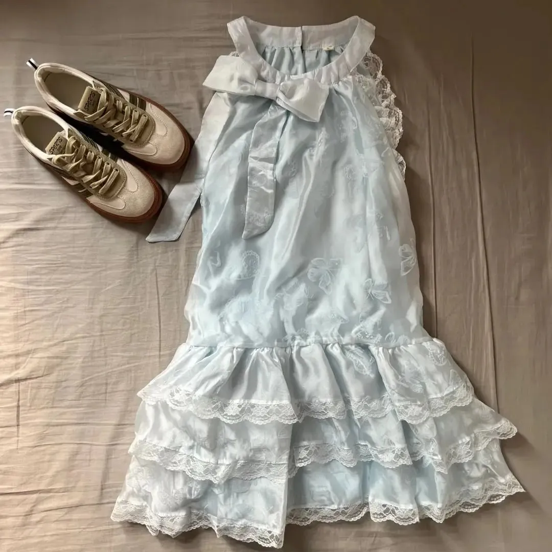 TAVIMART  -  Summer New Sweet Sleeveless Student Bow Loose Blue Lace Cake Dresses for Women Korean Chic Loose A-line Mid Length Dress