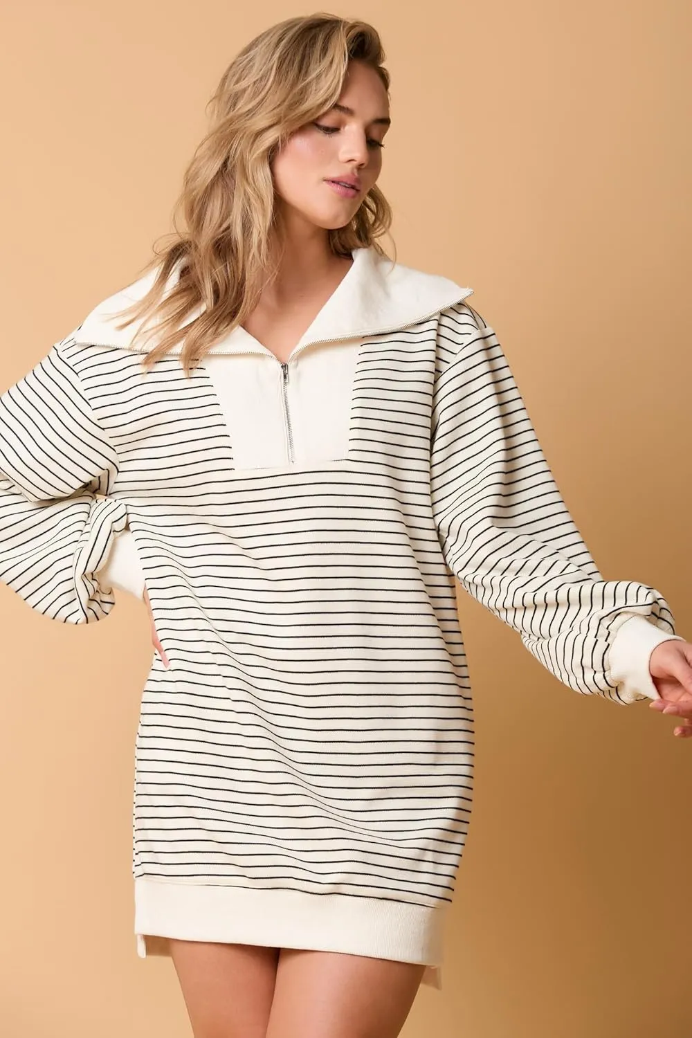 utcoco Women's Striped Oversized Sweatshirt Dress 1/4 Zip Long Sleeve Hoodie Pullover Mini Dress Fall Outfits 2024