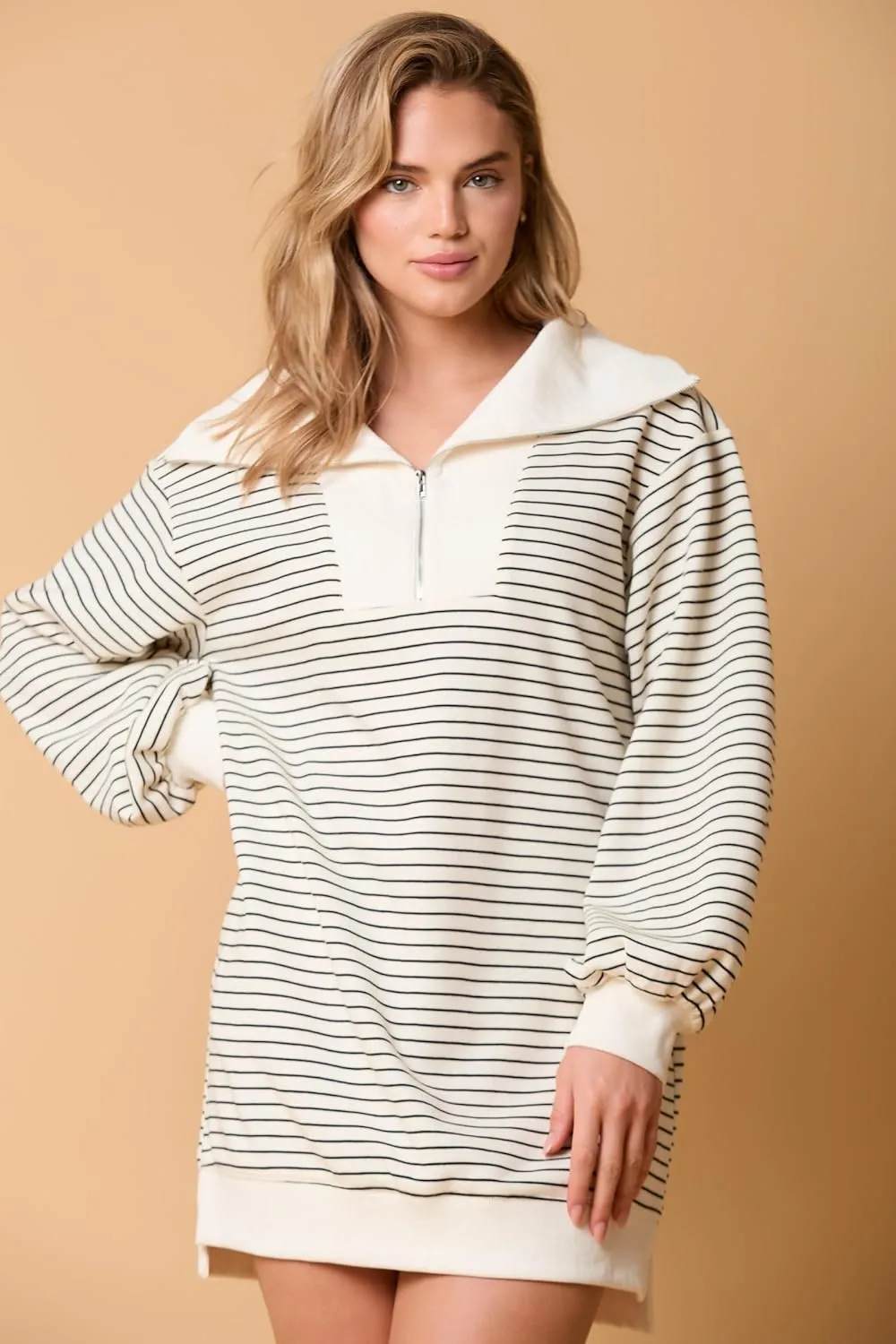 utcoco Women's Striped Oversized Sweatshirt Dress 1/4 Zip Long Sleeve Hoodie Pullover Mini Dress Fall Outfits 2024