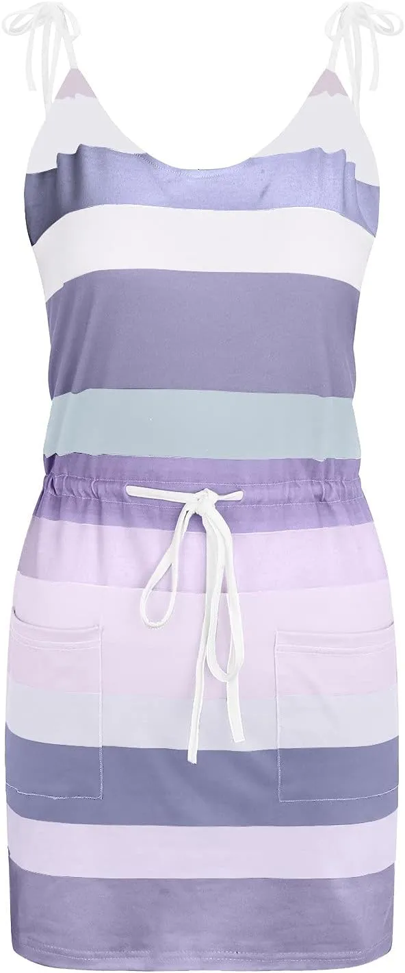 Women Summer Casual Short Dresses Sleeveless V Neck Drawstring T Shirt Dress Mini Dress Striped Sundress with Pockets