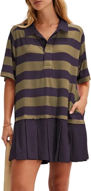 Womens Striped Dress Casual Button Up V Neck Dress Striped Shirt Pleated Skirt with Pockets